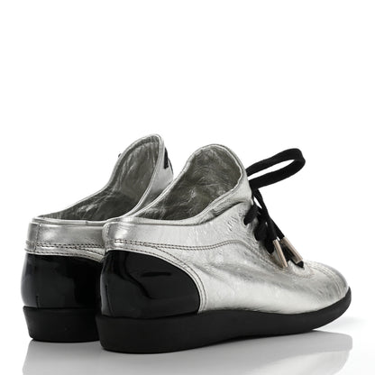 Chanel Metallic Lambskin Patent Cap Toe CC Sneakers 38.5 Silver Black 4 of 13