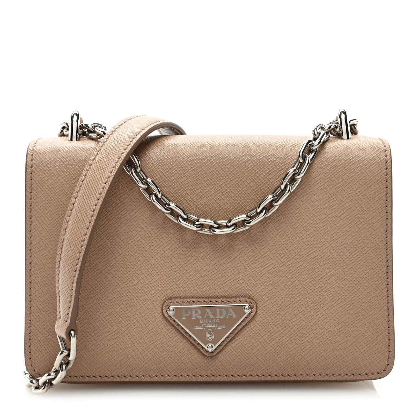 Saffiano Tessuto Nylon Metal Triangle Logo Chain Flap Crossbody Bag Cammeo