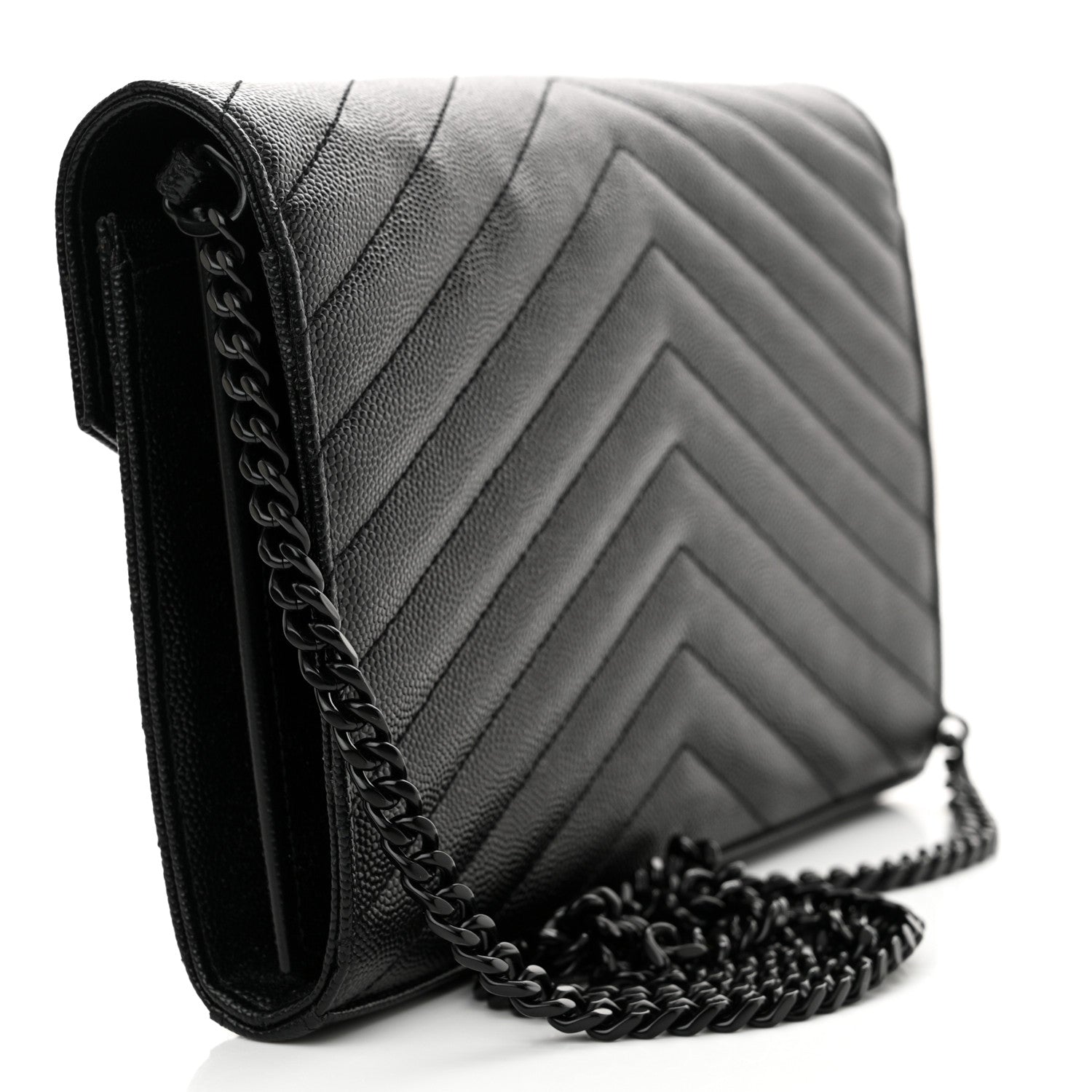 Saint Laurent Grain De Poudre Matelasse Chevron Monogram Monochrome Chain Wallet Black 3 of 12