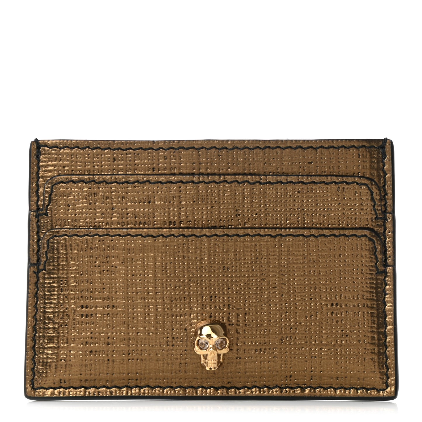 Metallic Textured Calfskin Skull Card Holder Gold