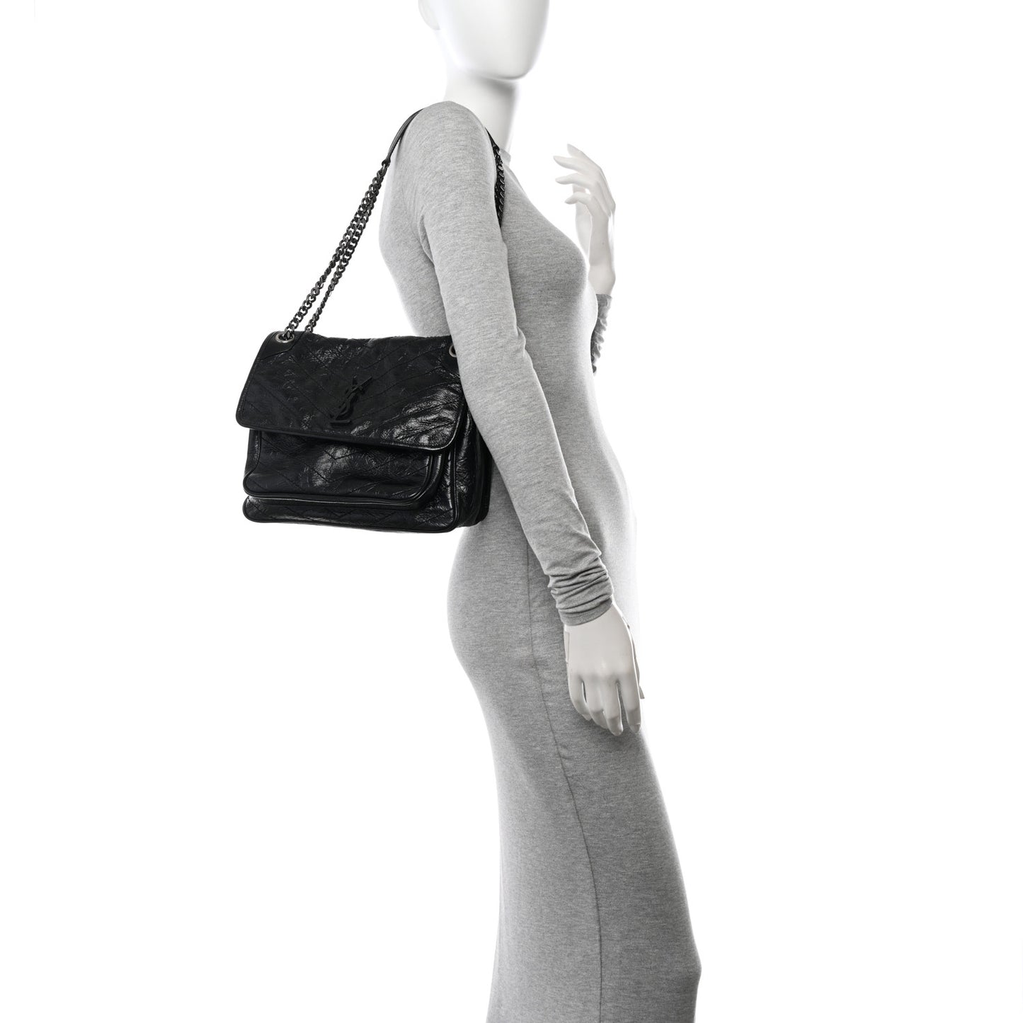 Crinkled Calfskin Matelasse Monogram Medium Niki Chain Satchel Black