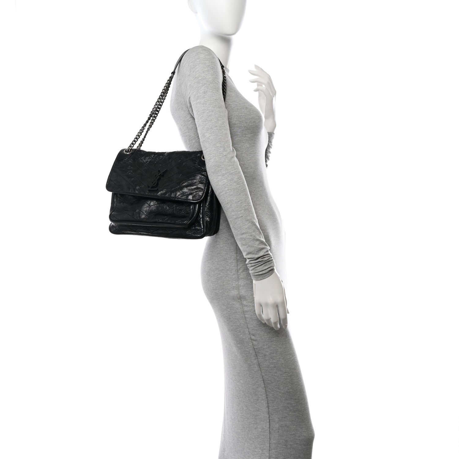 Saint Laurent Crinkled Calfskin Matelasse Monogram Medium Niki Chain Satchel Black 2 of 11
