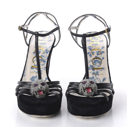 Gucci Velvet Malaga Kid Elias T-Strap Platform High Heel Sandals 38 Black 2 of 8