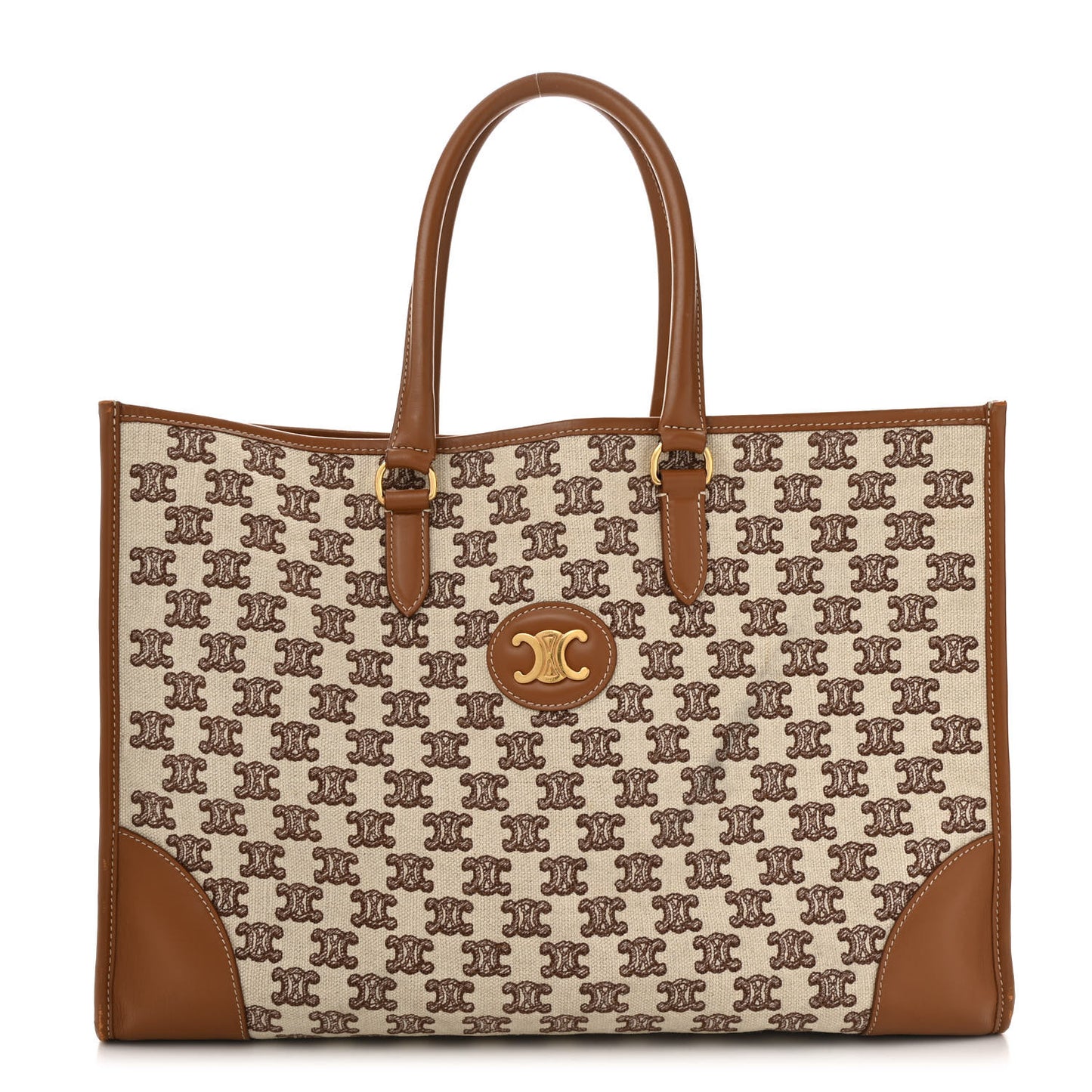 Canvas Calfskin Triomphe Embroidered Horizontal Cabas Tan
