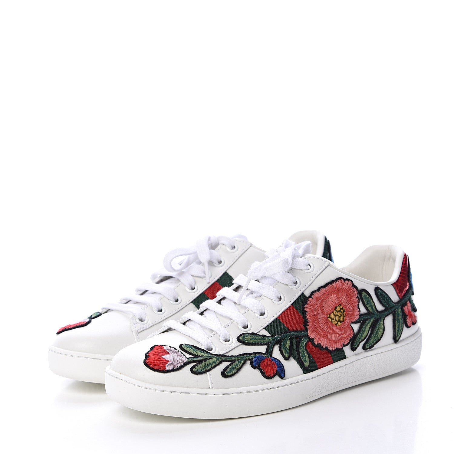 Gucci Calfskin Web Floral Embroidered Ace Sneakers 37 White 3 of 9