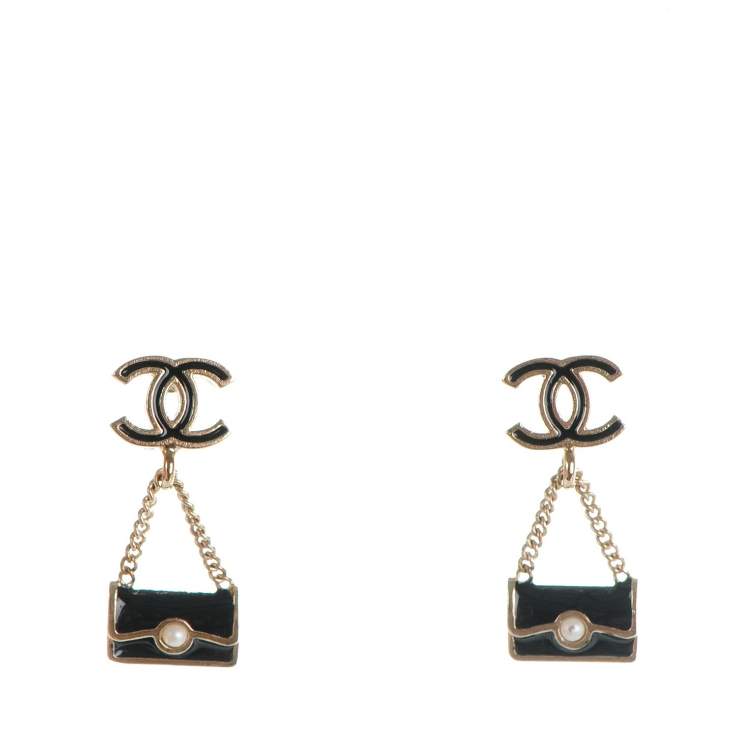 Enamel Pearl CC Flap Bag Drop Earrings Black Gold