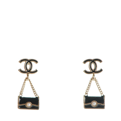 Chanel Enamel Pearl CC Flap Bag Drop Earrings Black Gold 1 of 6