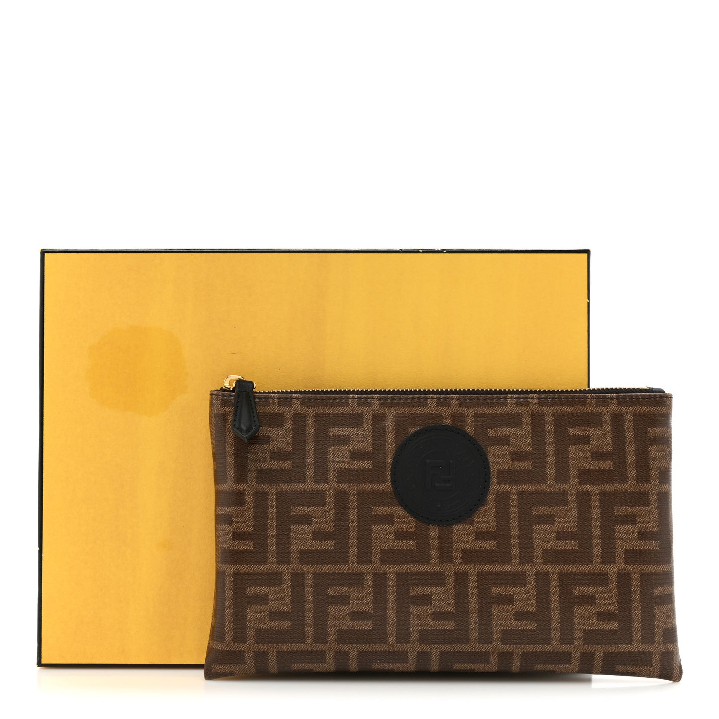 Glazed Fabric Vitello Century FF 1974 Stamp Patch Small FFreedom Flat Pouch Mogano Panna Black