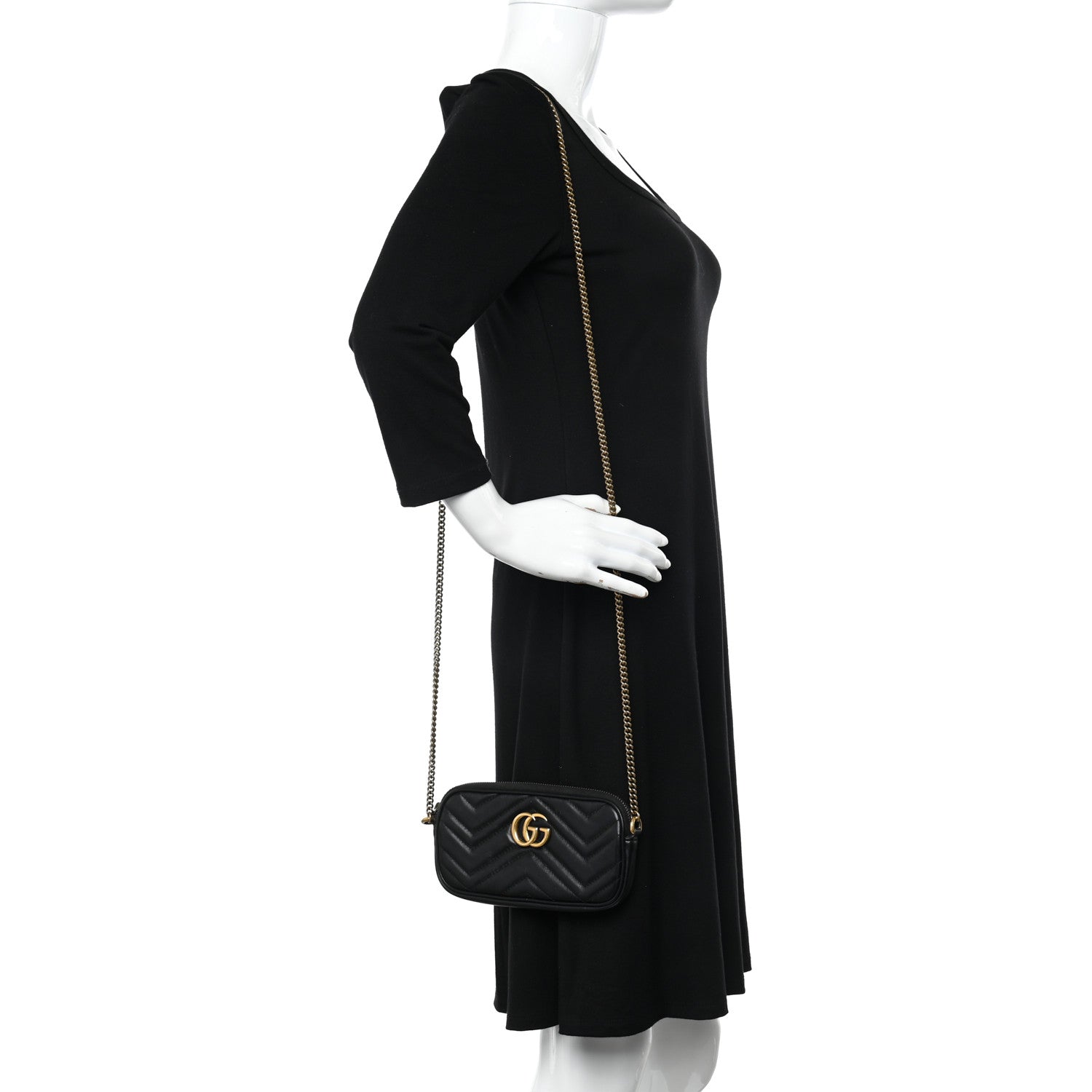 Gucci Calfskin Matelasse Mini GG Marmont Chain Crossbody Bag Black 2 of 14