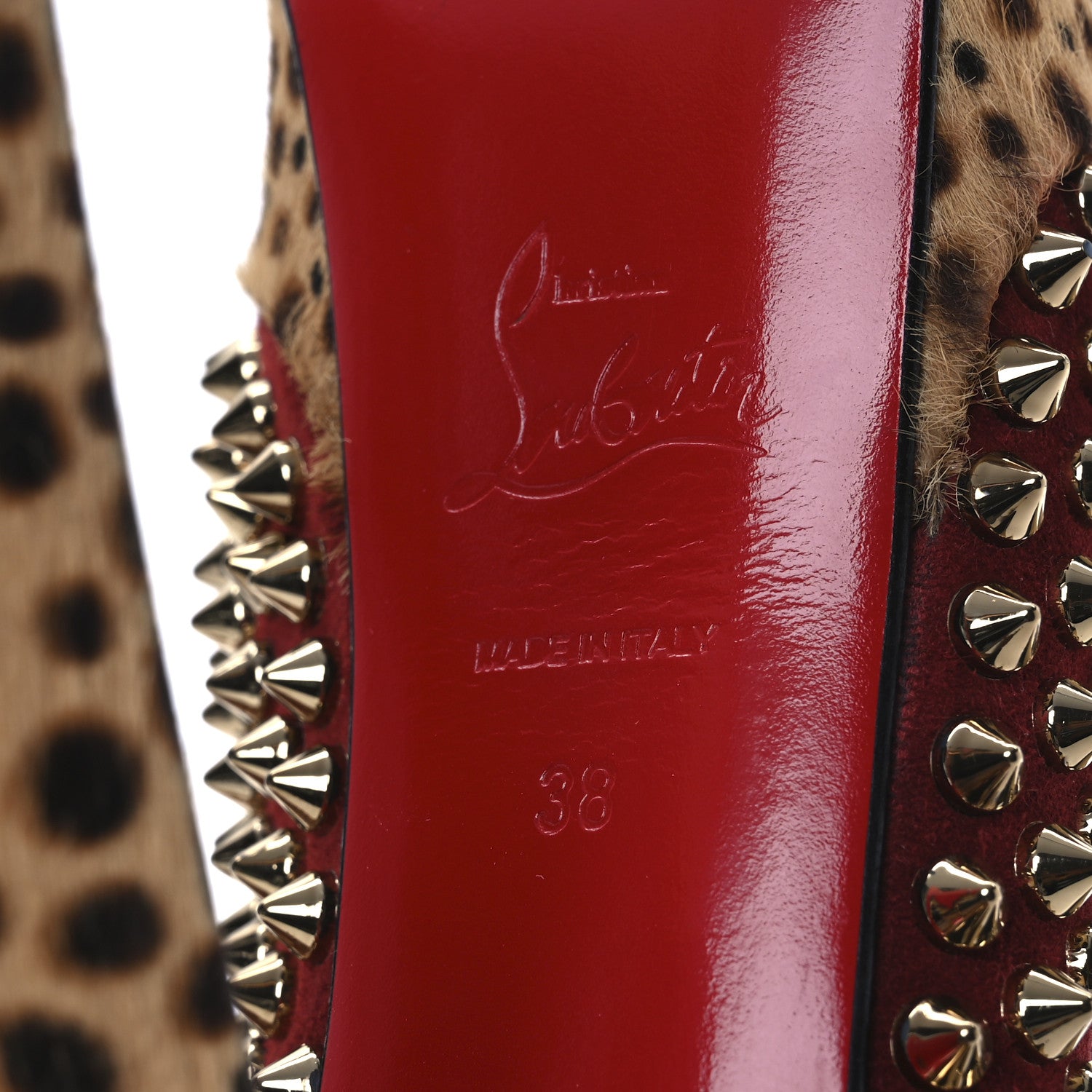 Christian Louboutin Veau Velours Calf Hair Leopard Lady Peep Spikes 150 Pumps 38 Red 8 of 13