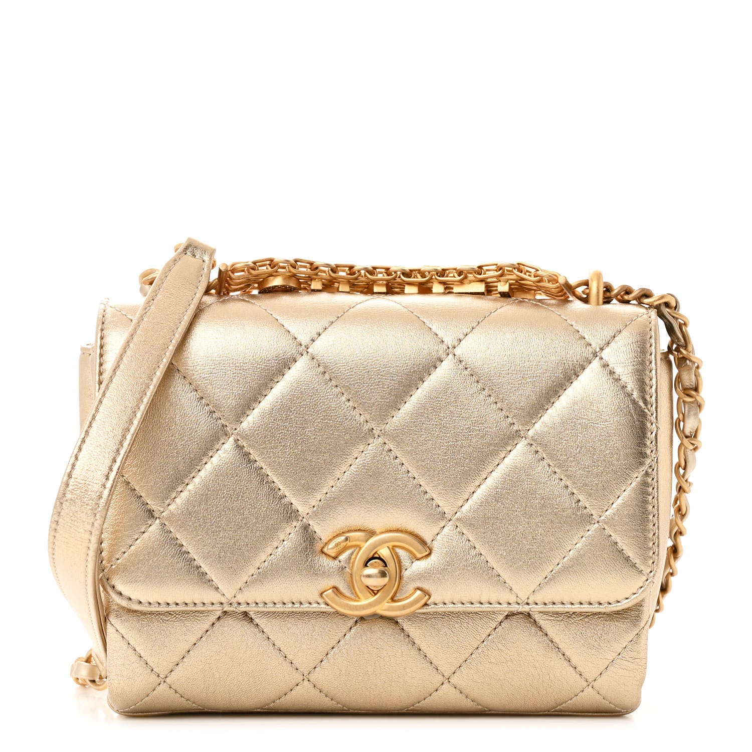 Chanel Metallic Lambskin Quilted Mini CC Crystal Logo Chain Flap Gold 1 of 10