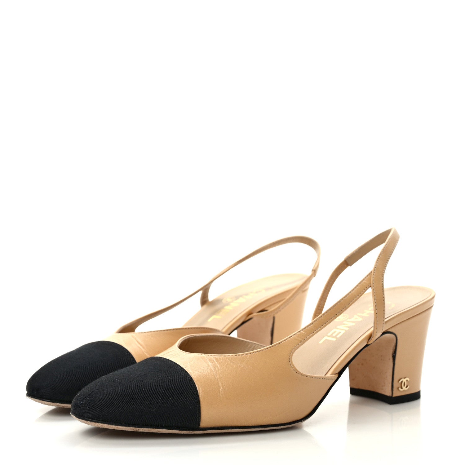 Chanel Goatskin Grosgrain Cap Toe CC Slingback Pumps 40 Beige Black 3 of 8