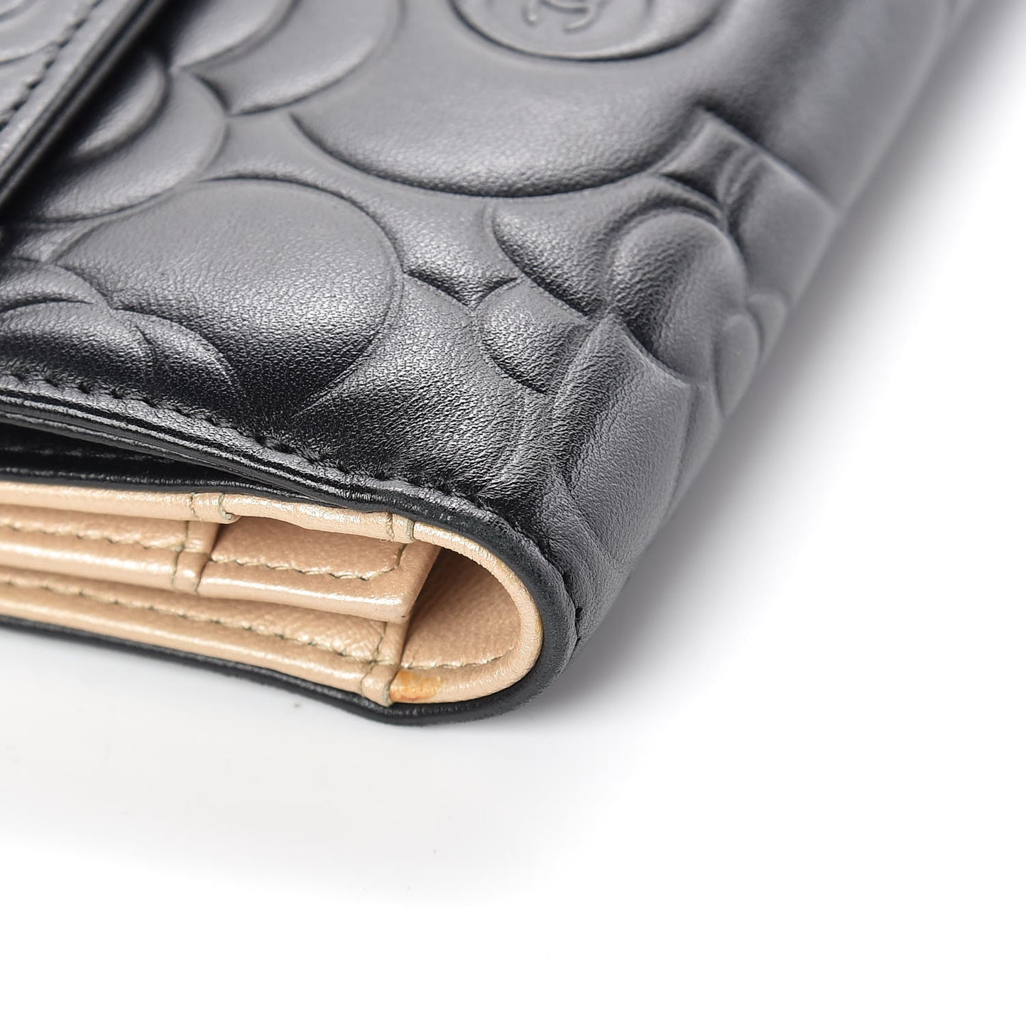 Lambskin Camellia Embossed Long Double Wallet Black
