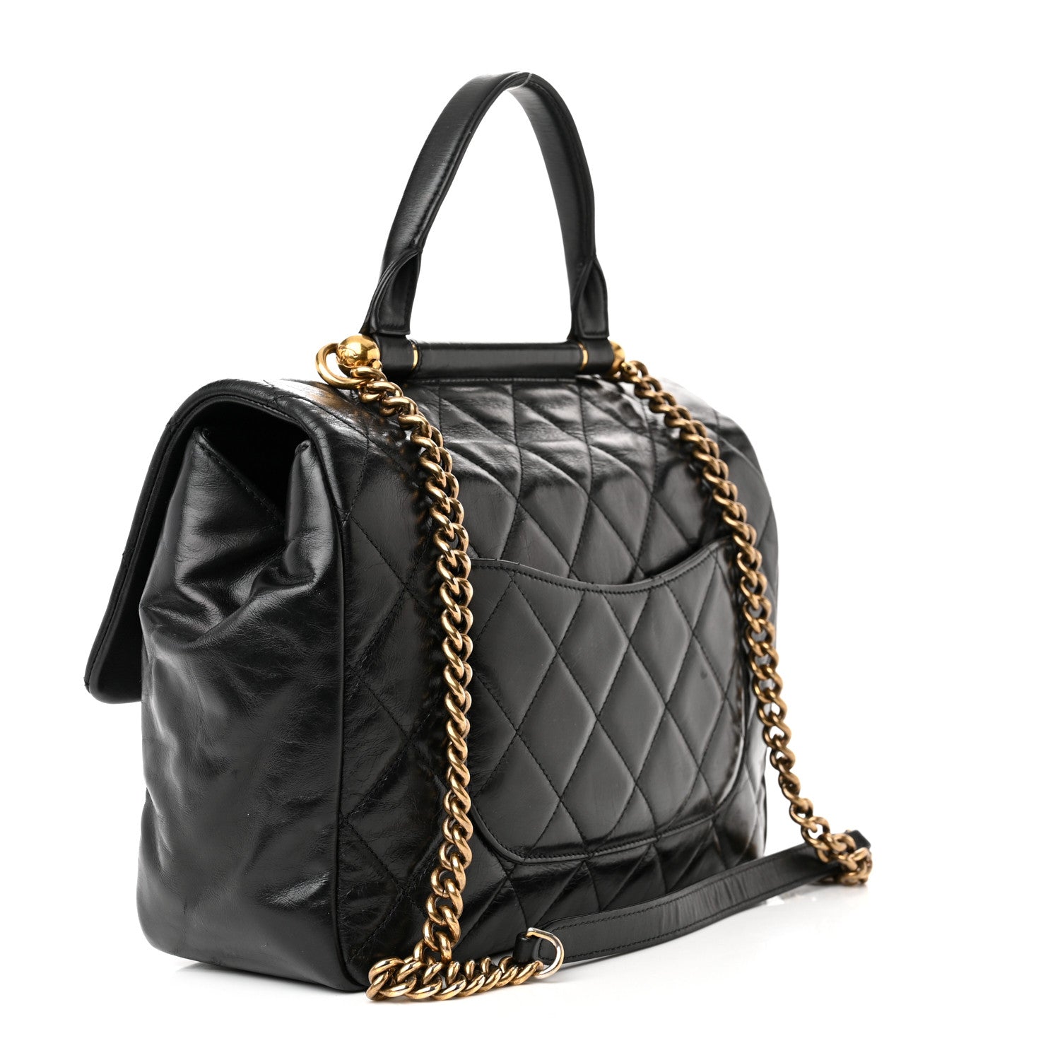 Chanel Calfskin Quilted Large Gold Bar Top Handle Flap Black 3 of 14