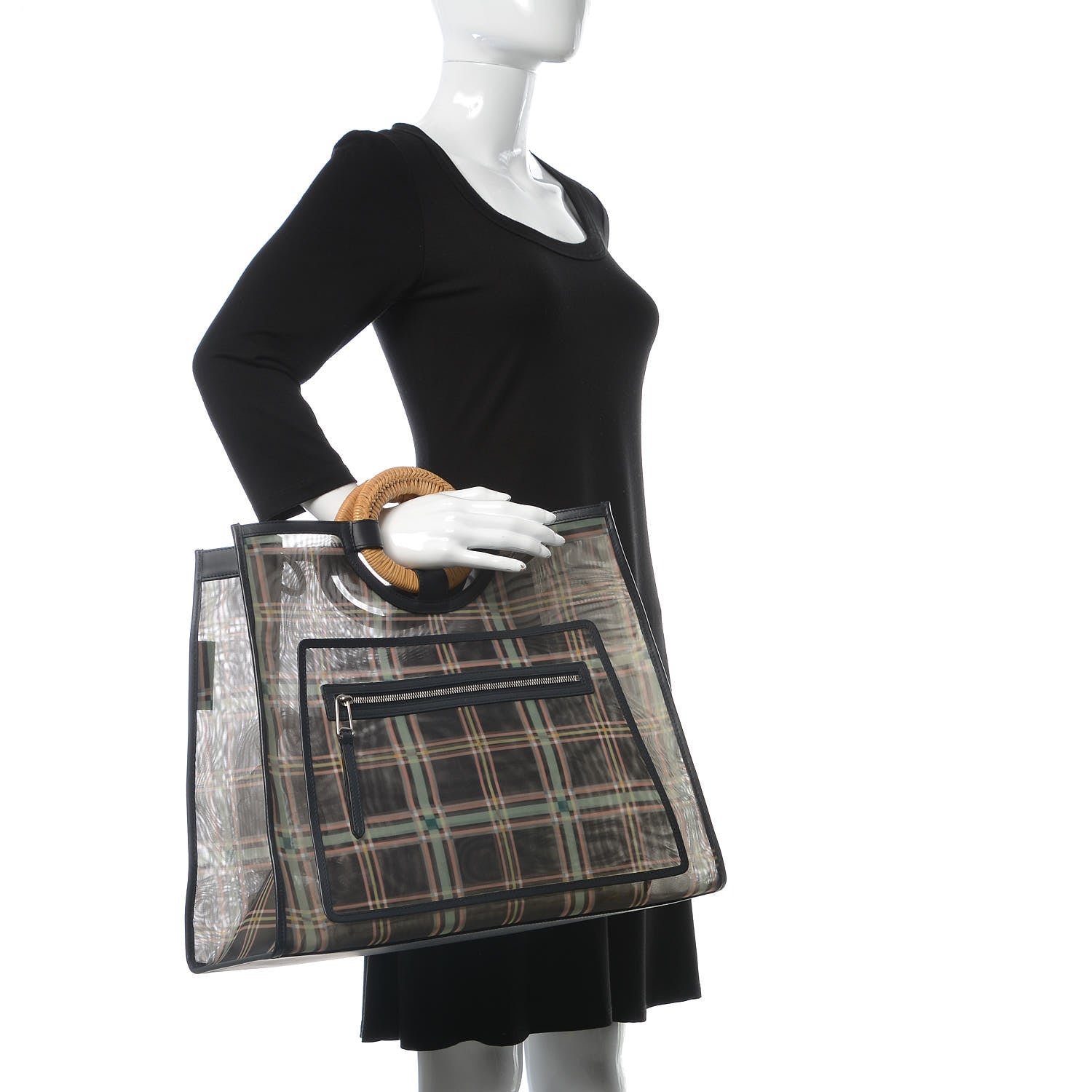 Fendi Mesh Vitello Century Wicker Tartan Plaid Large Runaway Shopper Tote Black Blue Notte 2 of 9