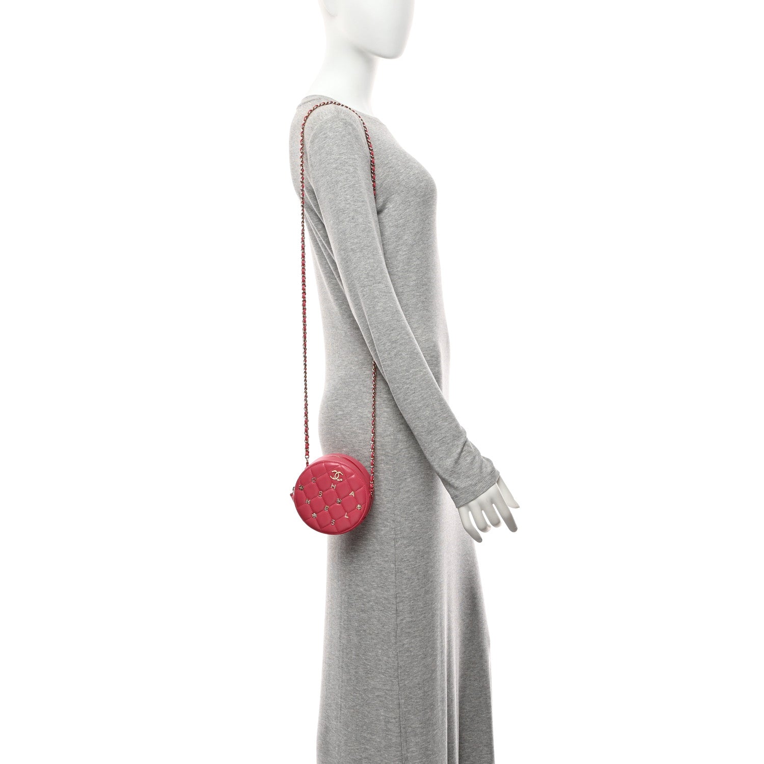 Chanel Lambskin Quilted Studded Round Clutch With Chain Dark Pink 2 of 11