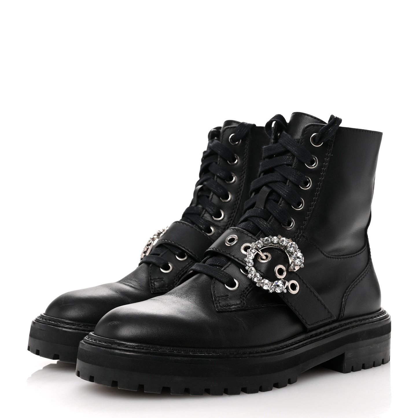 Calfskin Crystal Embellished Cora Flat Combat Boots 36 Black