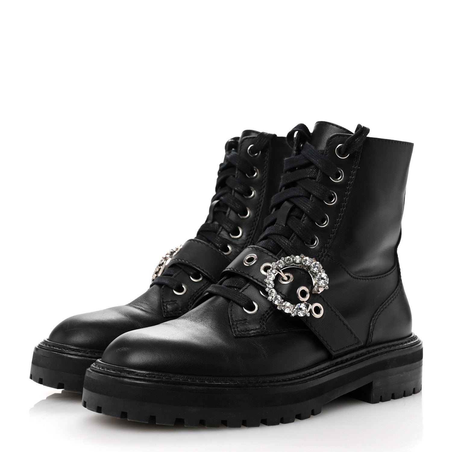 Jimmy Choo Calfskin Crystal Embellished Cora Flat Combat Boots 36 Black 4 of 8
