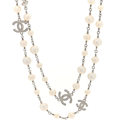 Chanel Crystal Pearl CC Long Necklace Silver 1 of 4