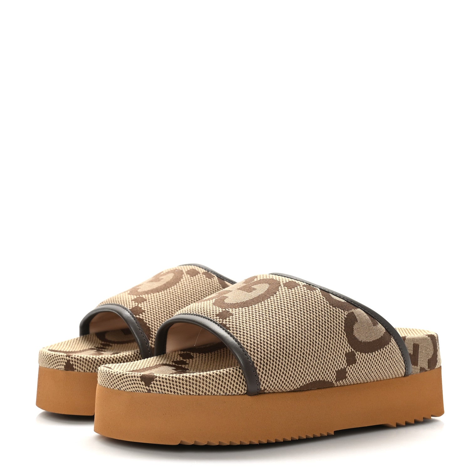 Gucci Monogram Jumbo GG Nappa Samoa Platform 40mm Slide Sandals 35 Camel Ebony New Acero 3 of 9