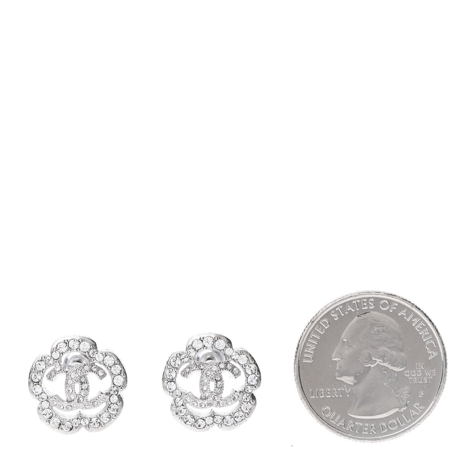 Chanel Crystal Coco Flapper Camellia CC Stud Earrings Silver 2 of 5