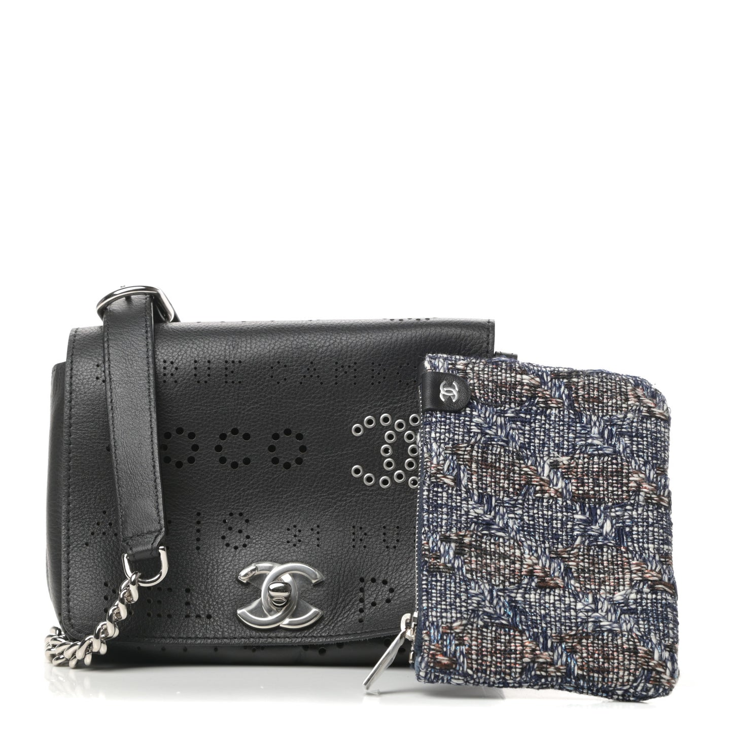 Calfskin Tweed Eyelet Flap Bag Black
