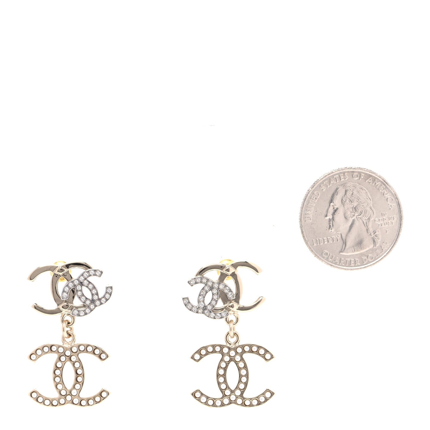 Crystal Pearl Double CC Drop Earrings Gold Silver