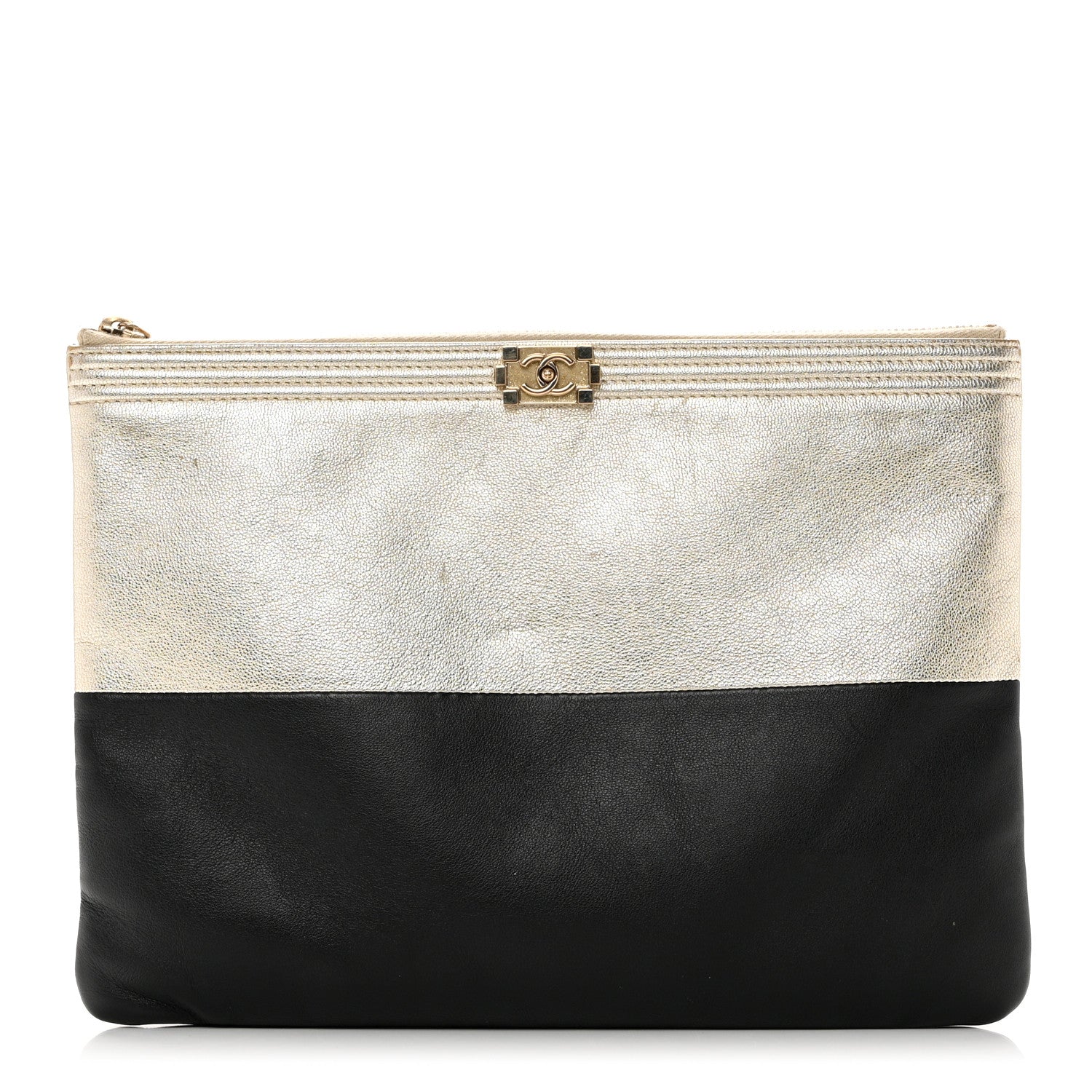 Chanel Metallic Goatskin Lambskin Medium Boy Cosmetic Case Black Gold 1 of 9