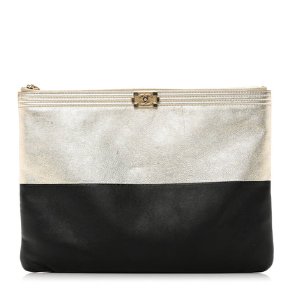 Chanel Metallic Goatskin Lambskin Medium Boy Cosmetic Case Black Gold 1 of 9