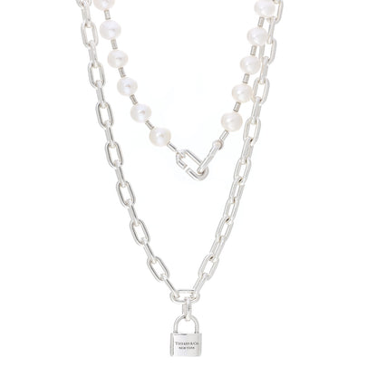 Tiffany Sterling Silver Pearl HardWear Lock Necklace 1 of 8