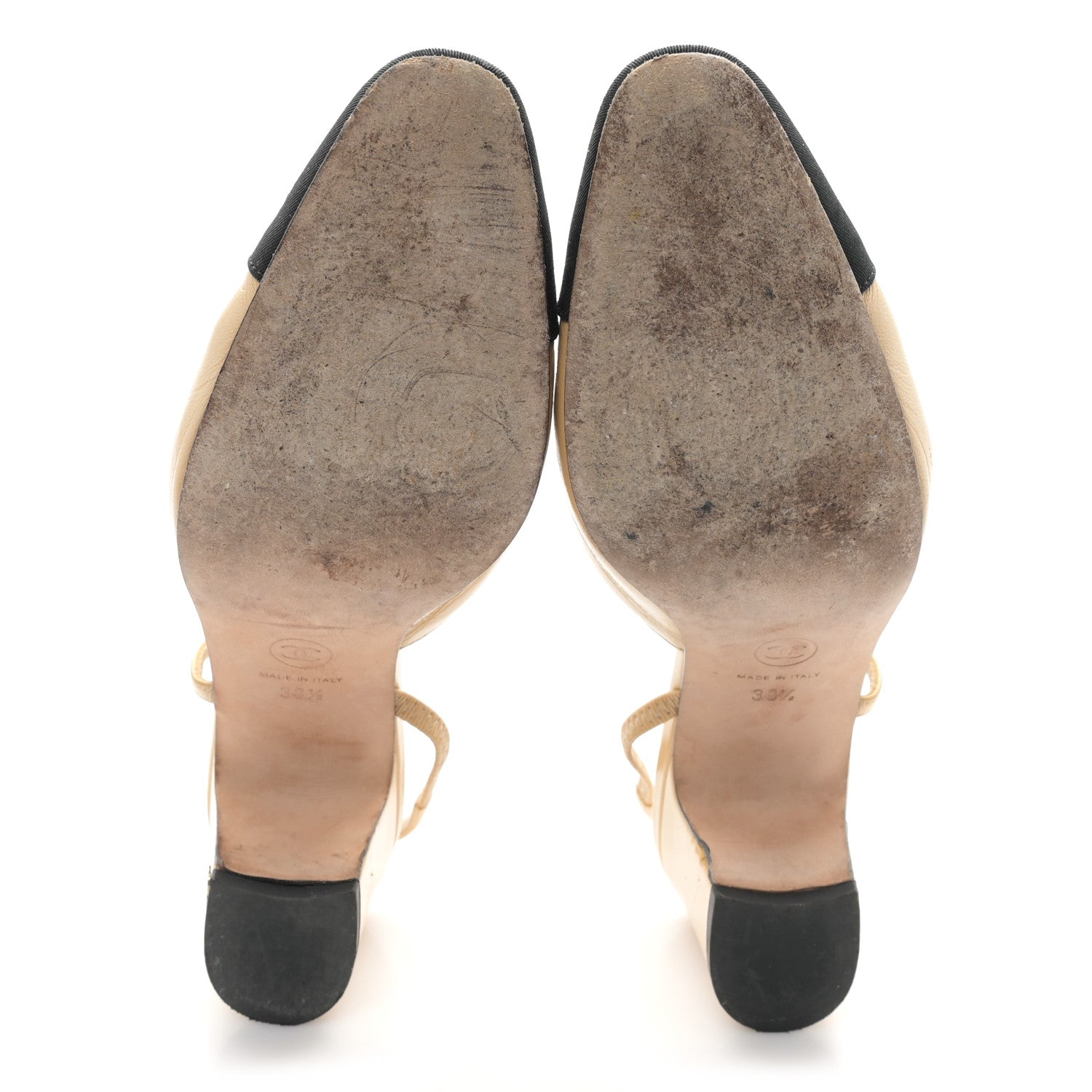 Chanel Goatskin Grosgrain Cap Toe CC Slingback Pumps 38.5 Beige