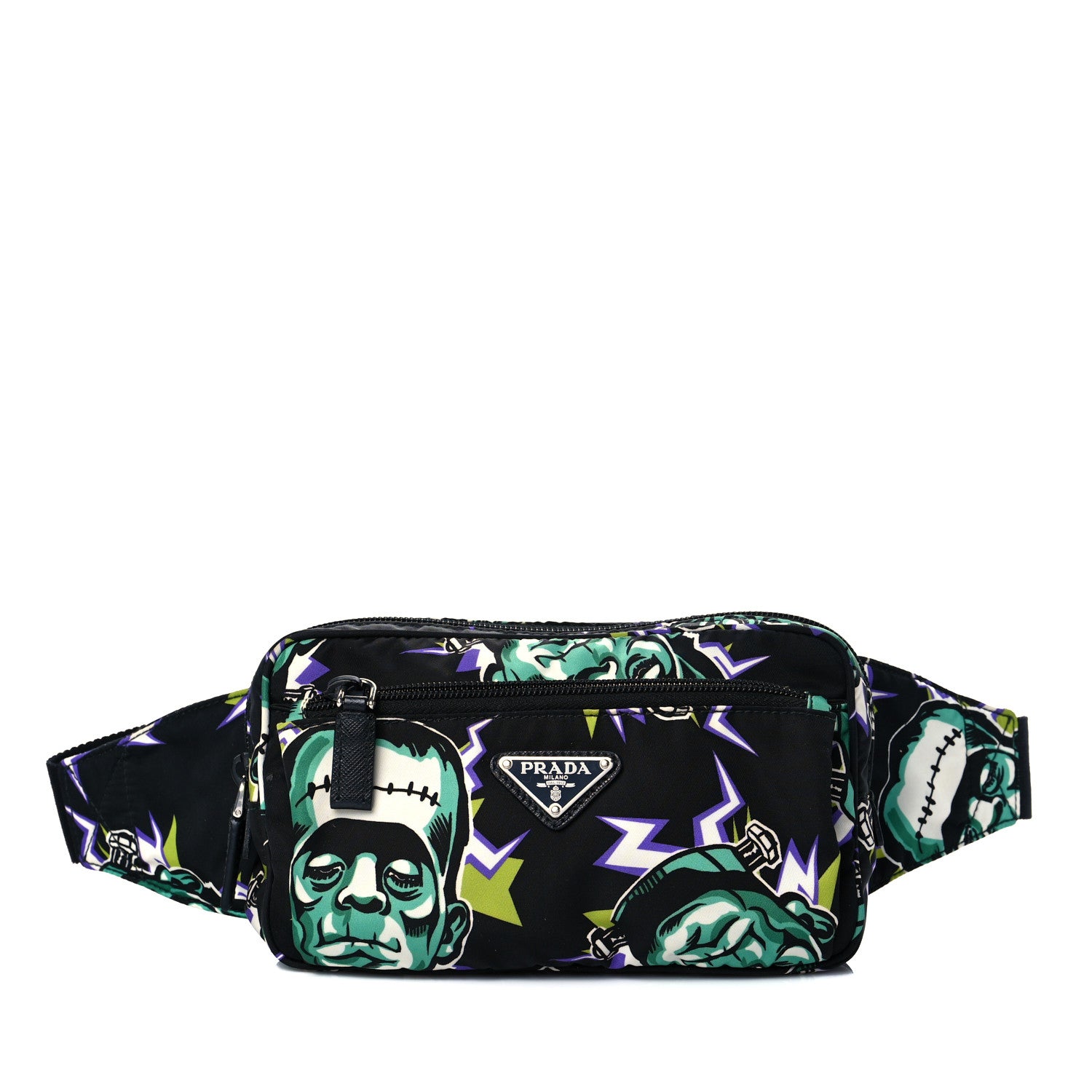 Prada X UNIVERSAL STUDIOS Tessuto Nylon Montagna Frankenstein Print Multi Zip Belt Bag Black Menta 1 of 9
