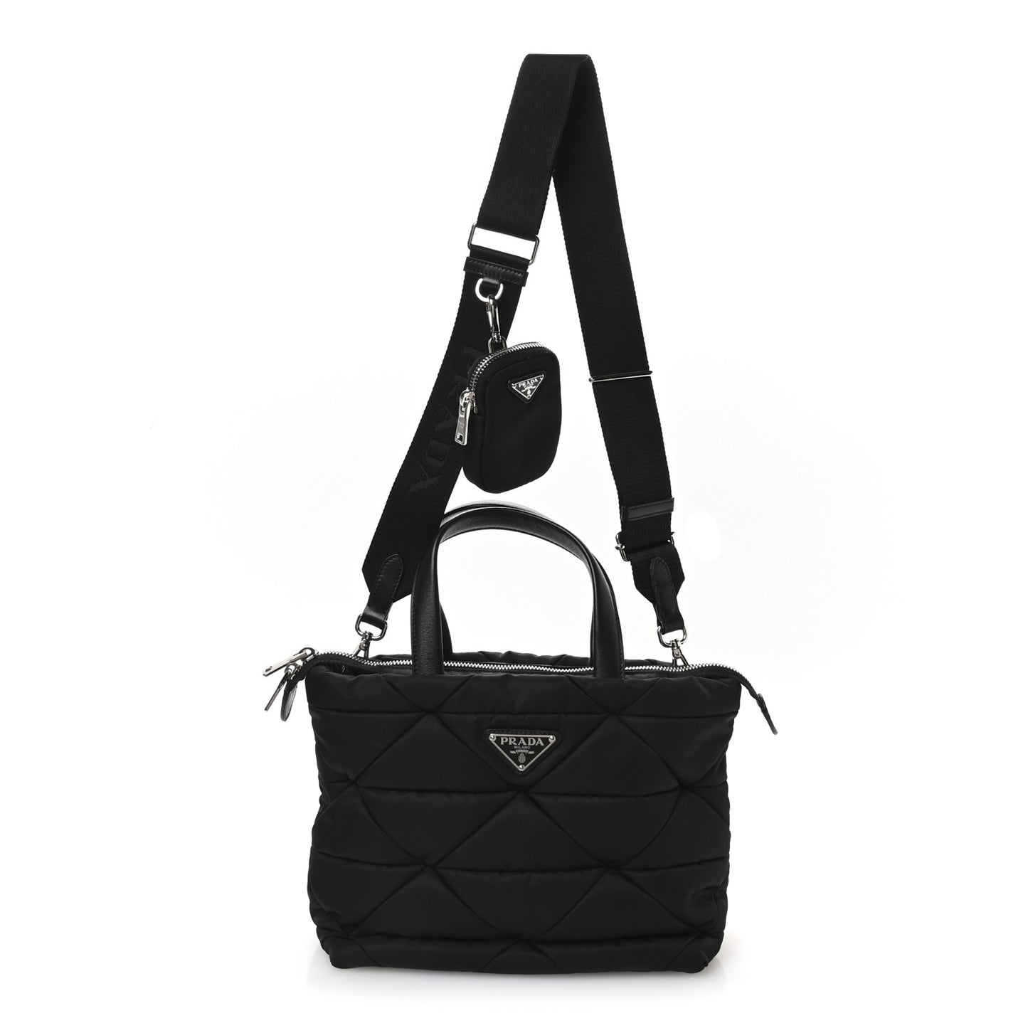 Re-Nylon Nappa Triangle Quilted Padded Double Handled Zip Pocket Tote Black