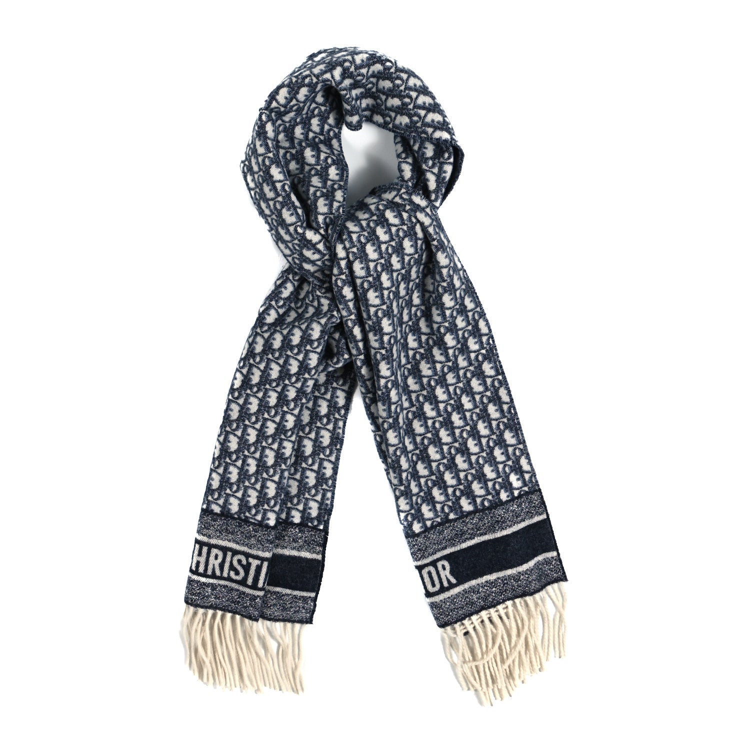 Christian Dior Cashmere Oblique Fringed Scarf Navy 1 of 3