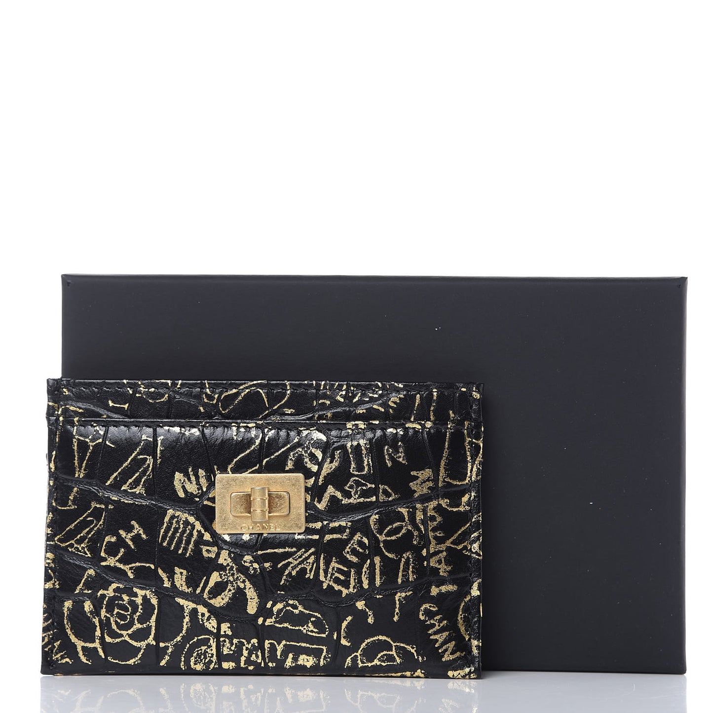 Calfskin Crocodile Embossed Graffiti 2.55 Cocodile Reissue Card Holder Black Gold