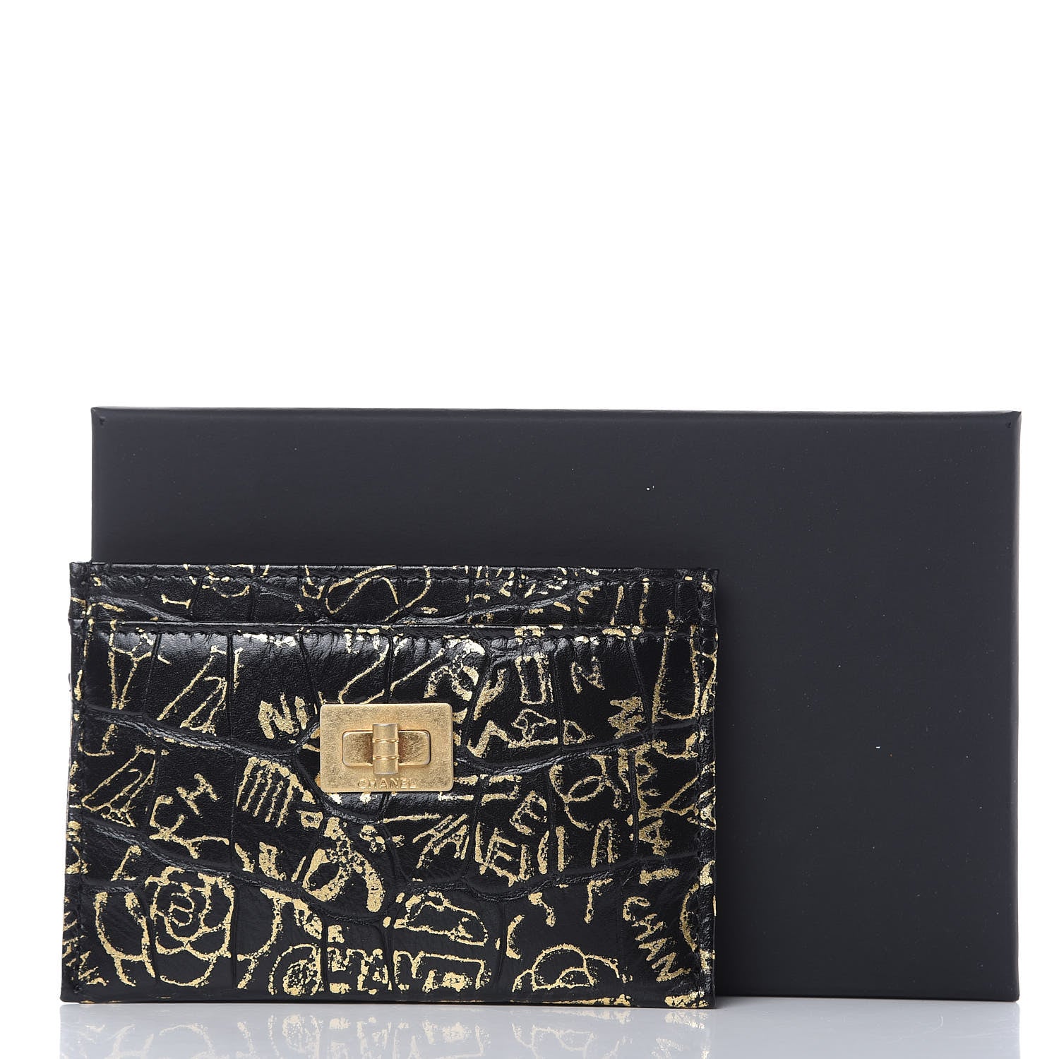 Chanel Calfskin Crocodile Embossed Graffiti 2.55 Cocodile Reissue Card Holder Black Gold 9 of 9