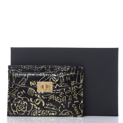 Chanel Calfskin Crocodile Embossed Graffiti 2.55 Cocodile Reissue Card Holder Black Gold 9 of 9