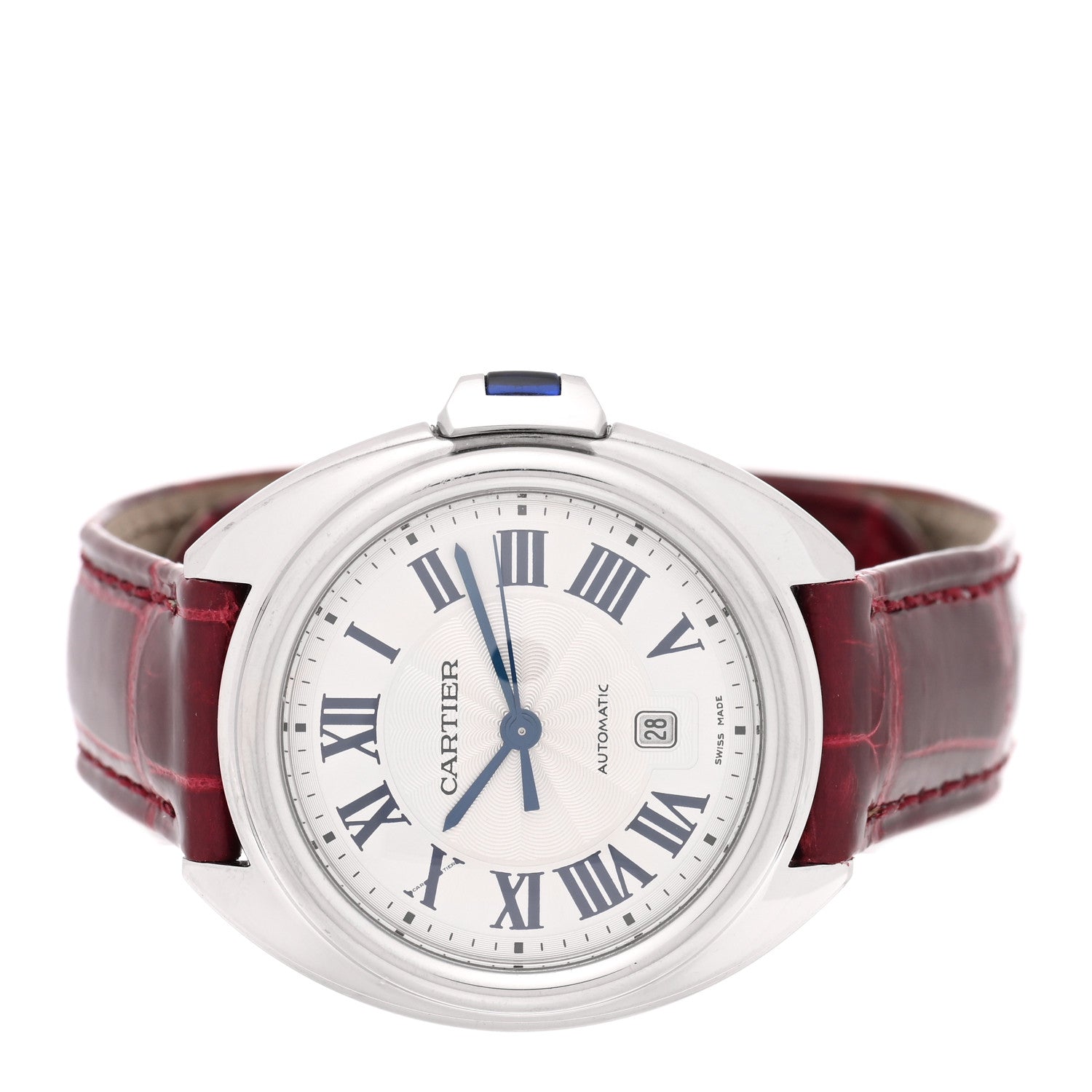Cartier Stainless Steel Alligator 31mm Cle De Cartier Automatic Watch Burgundy 2 of 5