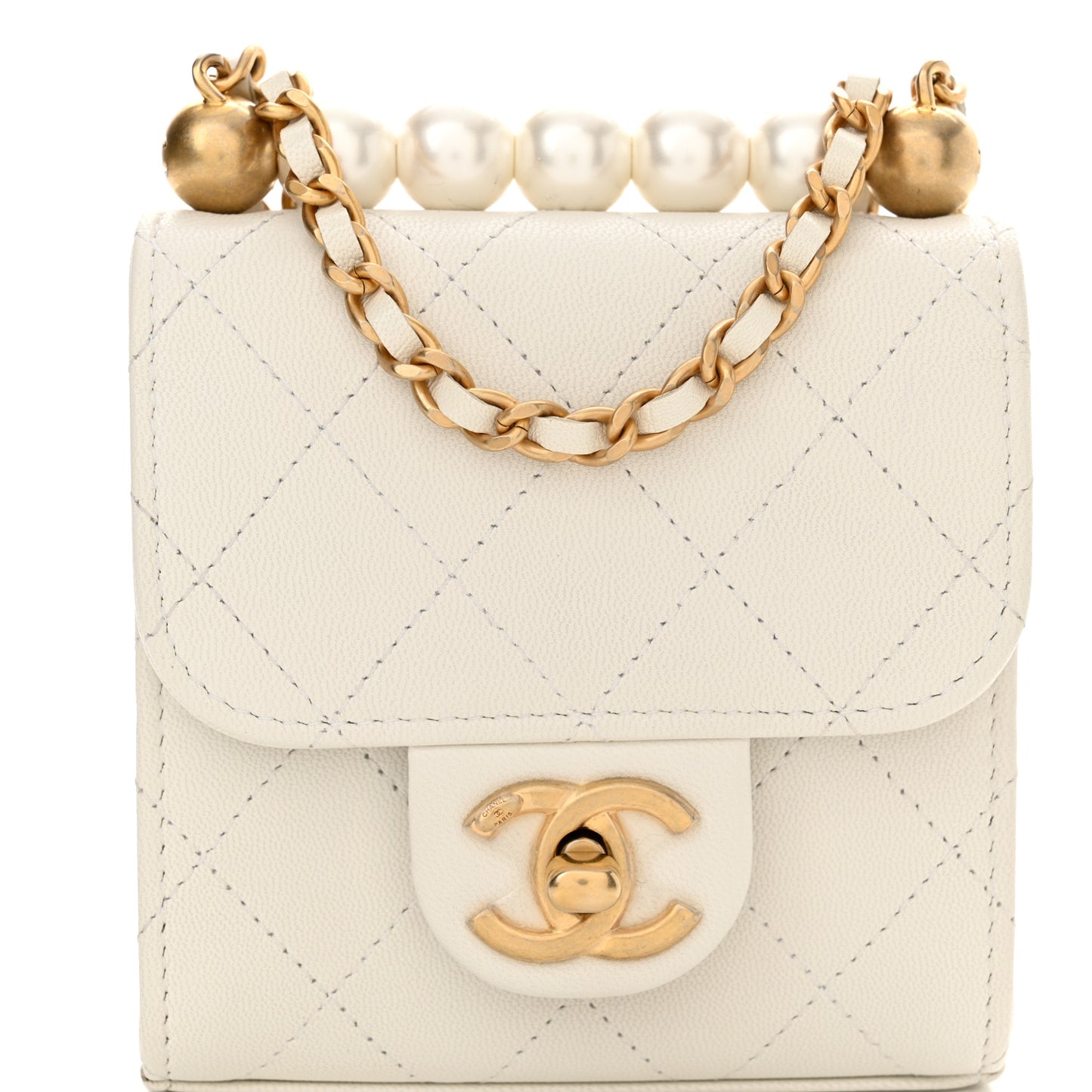 Goatskin Chic Pearls Clutch On Chain White