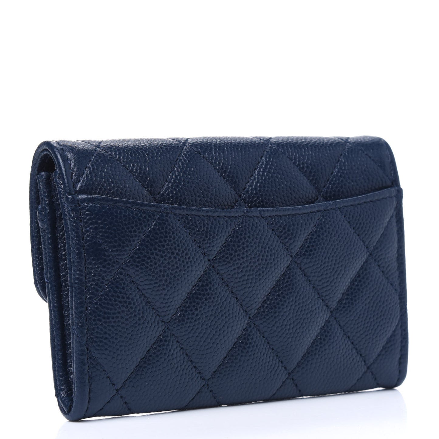 Caviar Quilted Flap Card Holder Wallet Navy Blue