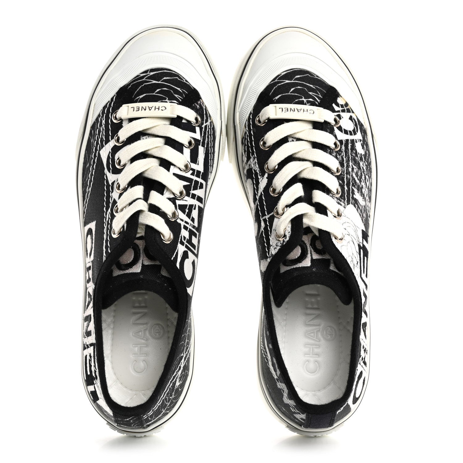 Chanel Printed Fabric Low Top Logo Sneakers 38.5 White Black 2 of 10
