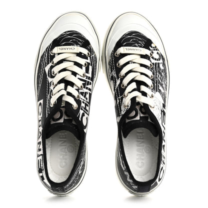 Chanel Printed Fabric Low Top Logo Sneakers 38.5 White Black 2 of 10