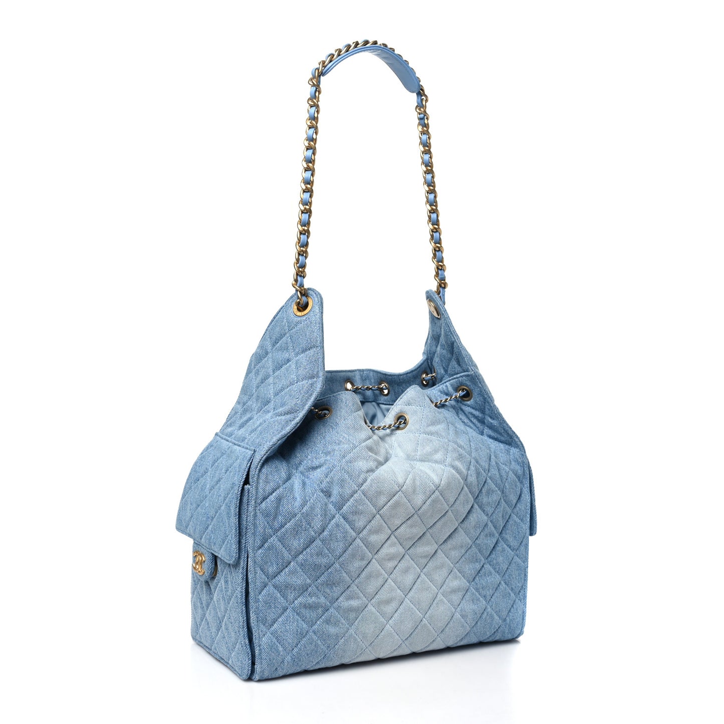 Washed Denim Quilted Medium Chanel 25 Handbag Blue