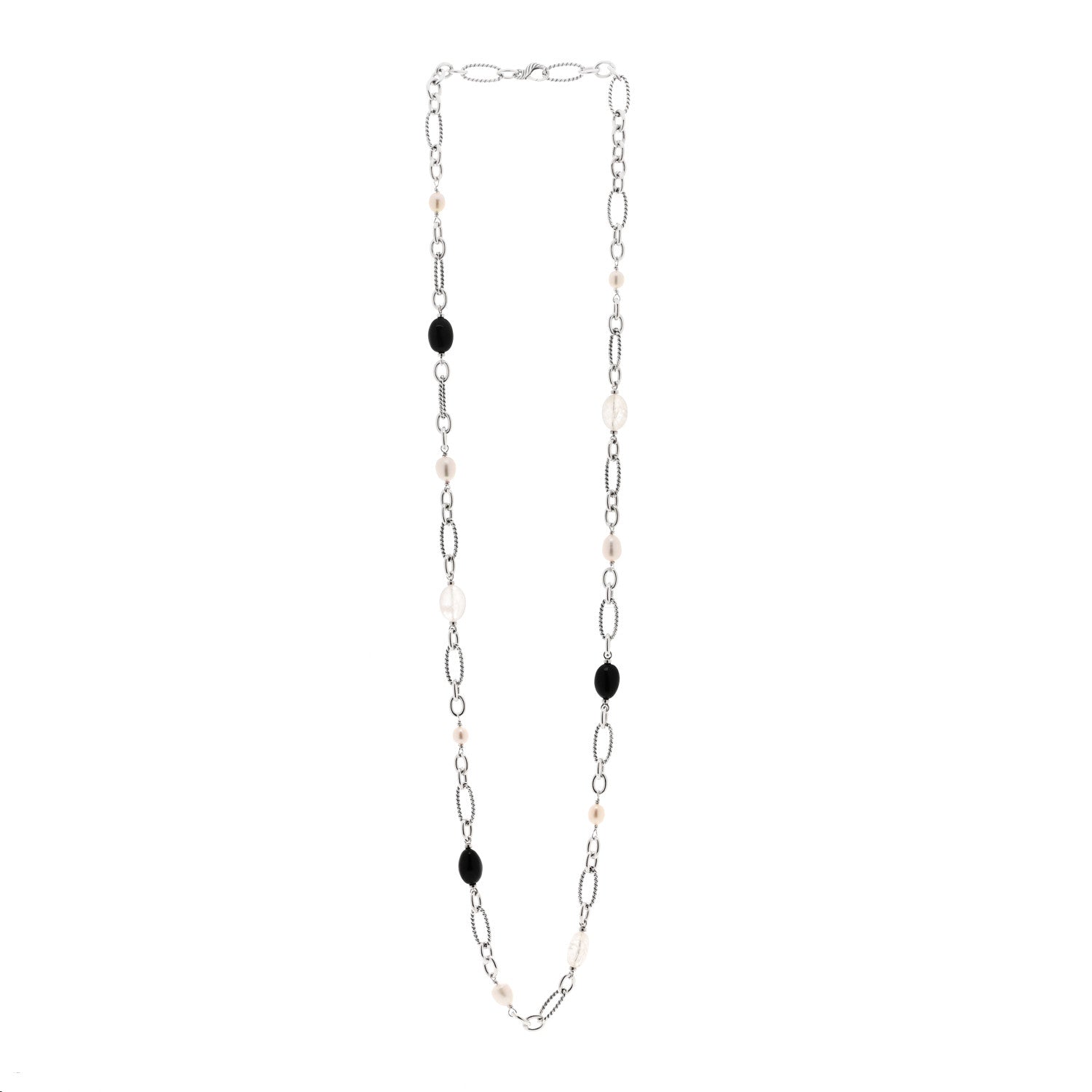 David Yurman Sterling Silver Black Onyx Pearl Quartz Figaro Chain Necklace 1 of 3