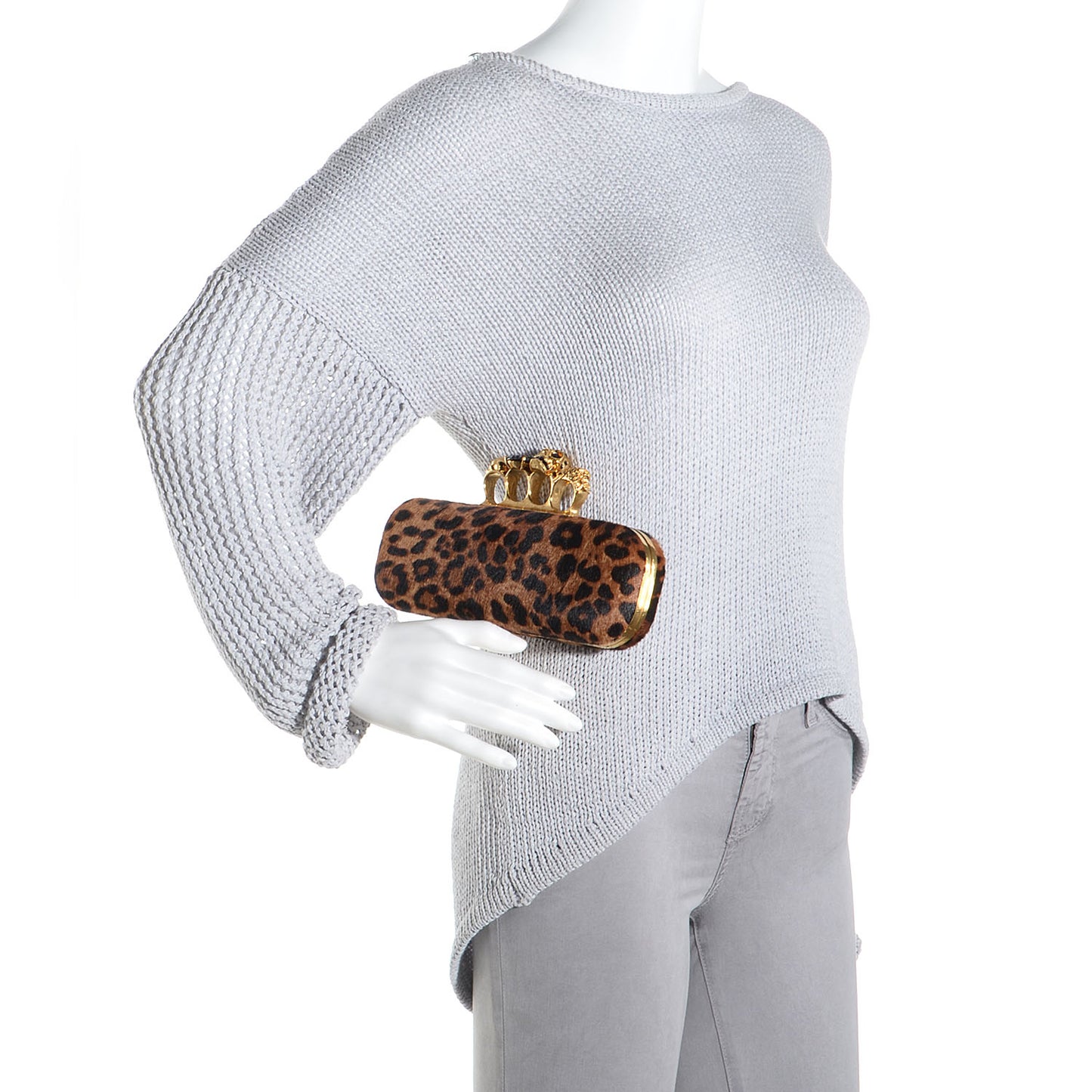Calf Hair Leopard Print Knuckle Box Clutch Brown Black