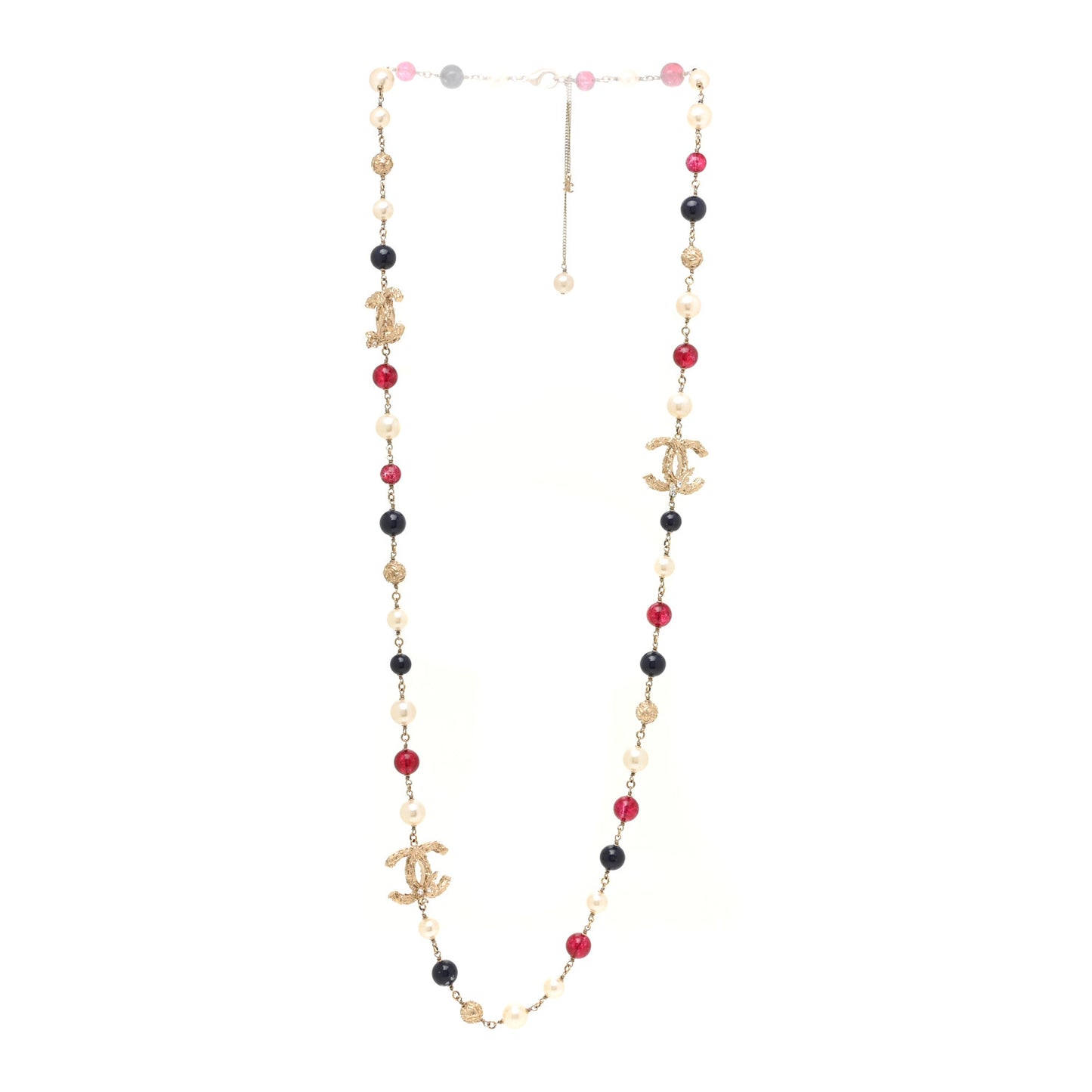 Beaded Pearl CC Long Strand Necklace Blue Red Gold
