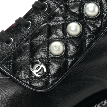 Chanel Crackled Calfskin Velvet Pearl Combat Short Boots 38.5 Black 9 of 9