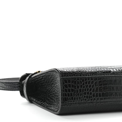 Saint Laurent Shiny Calfskin Crocodile Embossed Manhattan Baguette Black 8 of 9