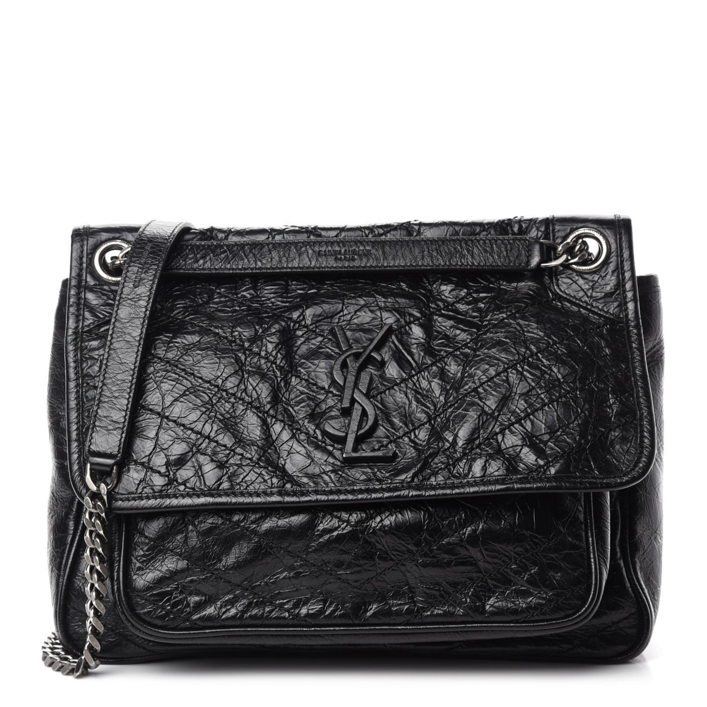 Crinkled Calfskin Matelasse Monogram Medium Niki Chain Satchel Black