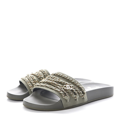 Chanel Canvas Chain Flat Sandals 39 Khaki 3 of 9